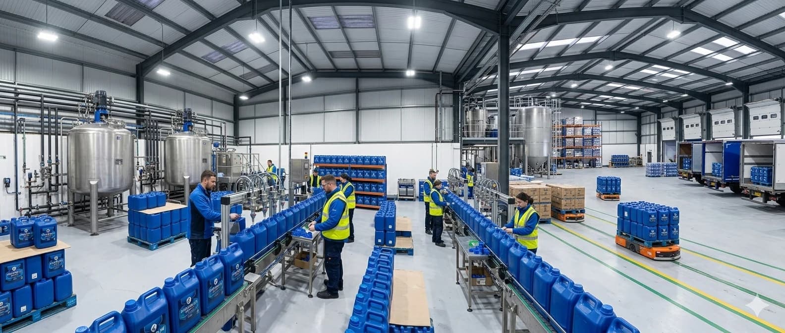 Workers moving blue AdBlue jerrycans on a production and warehouse floor