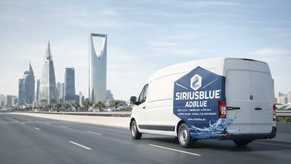A SiriusBlue-branded van on a highway with the Riyadh skyline behind it