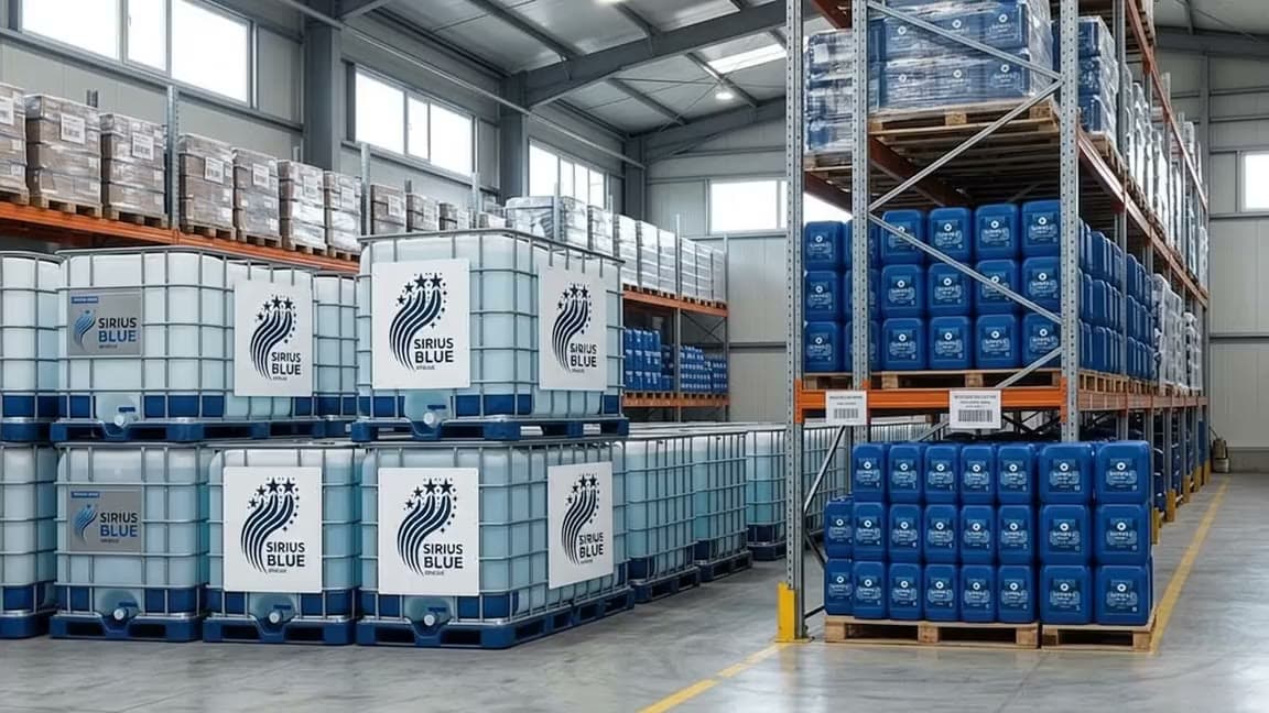 Palletised SiriusBlue IBC totes and jerrycans stacked in a warehouse